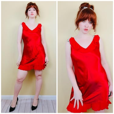 1990s Vintage Inner Most Poly Silk Ruffle Nighty / 90s Romantic Red Ruffled Bias Cut Slip Dress / Medium - Large 