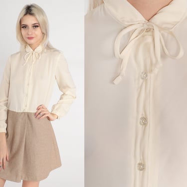 70s Secretary Dress Mini Dress Button up Shift Peter Pan Collar Neck Tie Retro Long Sleeve Cream Taupe Wool Blend Vintage 1970s Medium M 