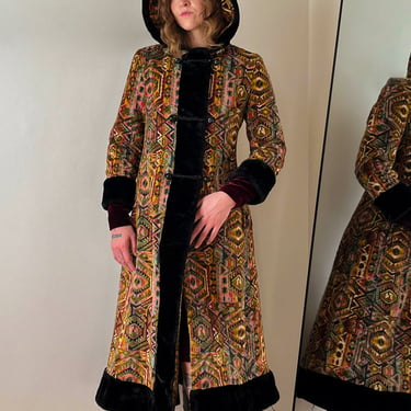 60s Hooded Tapestry Coat | S-M