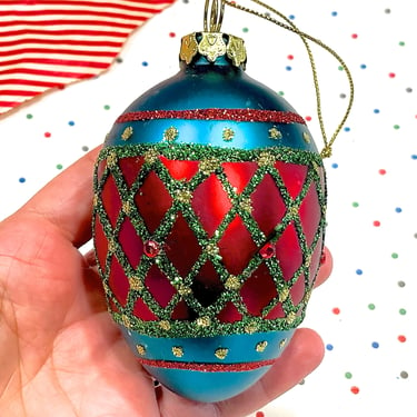 VINTAGE: 3.5" Hand Crafted Colorful Glass Egg Ornament - Holiday Christmas Ornaments 
