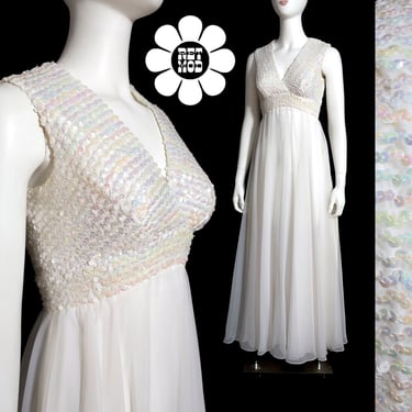 GORGEOUS Vintage 60s 70s White Iridescent Sequin Gown by Miss Elliette 