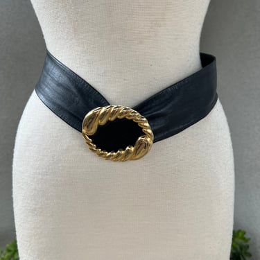 Vintage 80s black leather waist belt with golden buckle Small by Nan Lewis 
