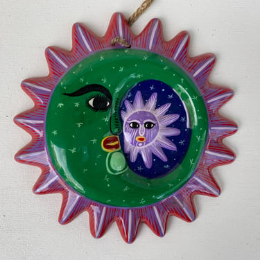 Vintage Sun Moon Clay Wall Hanging, Green Red Purple, Terra Cotta, Ceramic Celestial Wall Hanging, Boho, Zodiac 