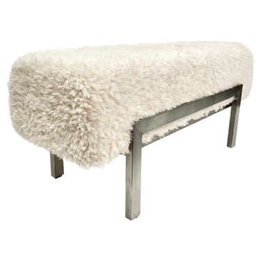 1970 Italian Vintage White Himalayan Faux Fur Steel Bed Stool Bench-2 available