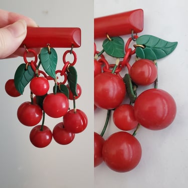 Iconic 1940s Bakelite Dangling Cherry Cluster Brooch Pin - 40s Jewelry - 40s Accessories - Pinup Jewelry 