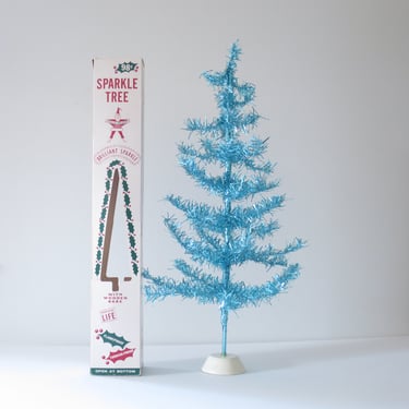 Tinsel Christmas Tree by Holly Brand USA, Vintage Turquoise Tabletop Brush Tree, Holiday Sparkle Decoration 