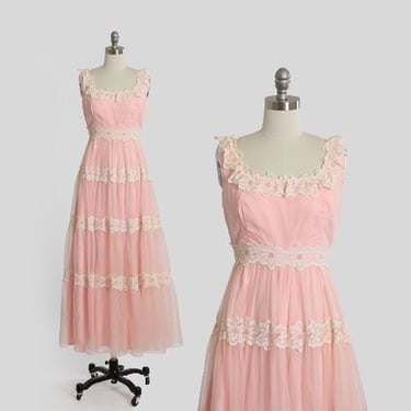 Vintage 70s pink chiffon lace maxi dress gown 