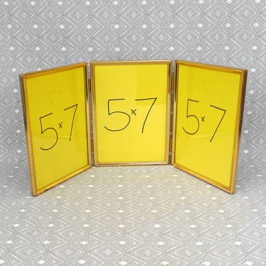 Vintage Tri-Fold Hinged Picture Frame - Triple Gold Tone Metal Frame w/ Glass - Holds Three 5" x 7" Photos - 5x7 Frames 