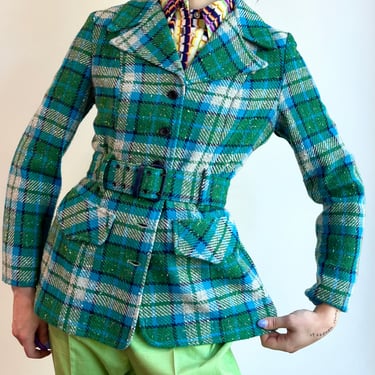 70’s Blue & Green Plaid Tweed Belted Jacket