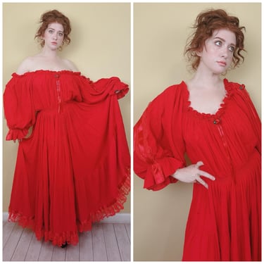 1980s Vintage Red Anna Konya Dress / 80s / Eighties Magical Cotton Gauze Ribbon Heart Gown / One Size 