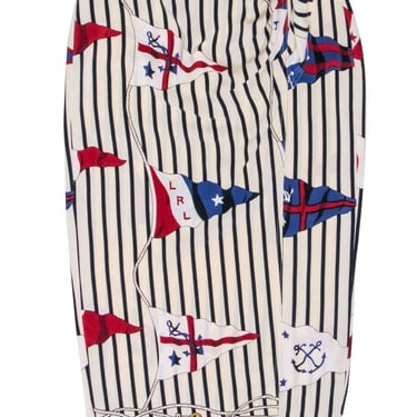 Lauren Ralph Lauren - Ivory &amp; Navy Striped Silk Skirt w/ Nautical Flags Sz 6P