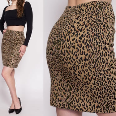 90s Leopard Print Tapestry Mini Skirt - Small, 26" | Vintage High Waisted Fitted Animal Print Pencil Skirt 