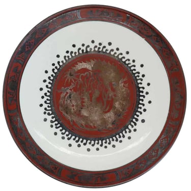 1880's Japanese EIRAKU WAZEN Silver Iron Red Porcelain Round Dragon Plate 9.5 inch 