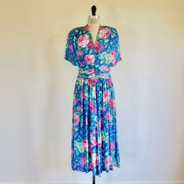1940's Style Blue and Pink Rose Floral Rayon Day Dress Ruching Shoulder Pads Midi Rockabilly WW2 Era Jane Singer  32