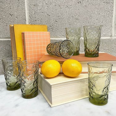 Vintage Juice Glass Set Retro 1960s Libbey Glassware + Crinkle + Aztec + Olive Green + Mid Century Modern + Set of 6 + Drinkware + Kitchen 