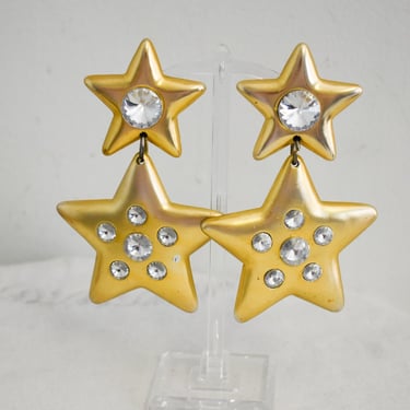 1980s Large Gold Star and Rhinestone Clip Earrings 