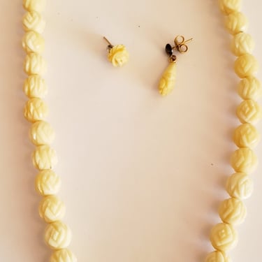 UNIQUE RARE jewelry set Carved Rosette beaded necklace and earrings 