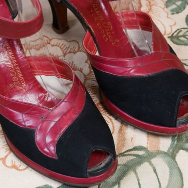 1940s Shoes - Size 7 7.5 - Gorgeous Late 40s/Early 50s Platform Heels in Black and Deep Red with Peeptoe and Ankle Strap 