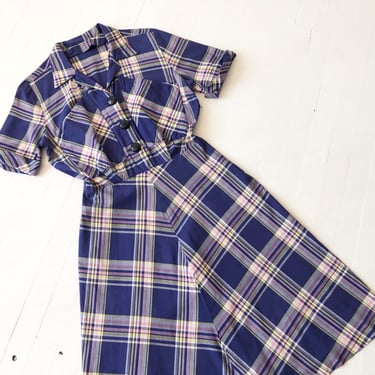 1940s Blue Plaid Cotton Dress 