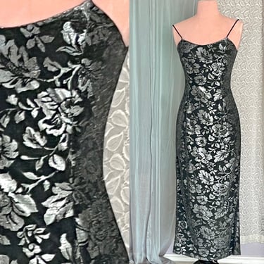 Vintage Slip Dress, Silver Metallic Black Dress, Rhinestone Spaghetti Straps, 90s 00s Cocktail Dress 