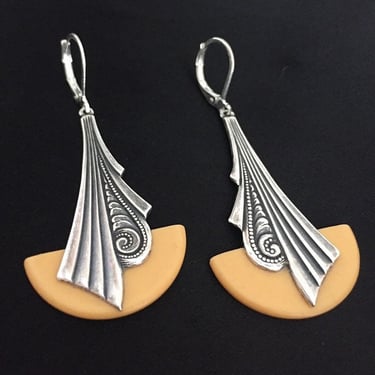 Art Deco Earrings creamed corn Bakelite  silver plated Geometric 'fan' earrings jazz age modernist bakelite earrings by BakeliteBa