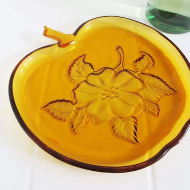 Vintage 70s Yellow Glass Apple Dish - 1970s Gold Mustard Floral Depression Glass Plate - Quirky Ring Jewelry Coin Catchall 