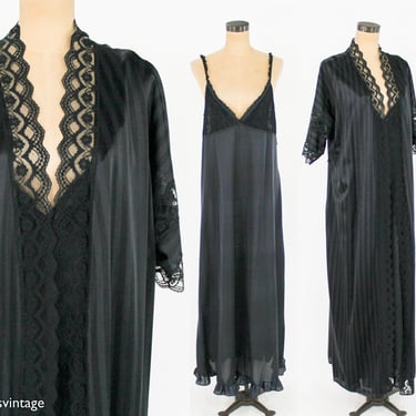 1970s Black Peignoir Set | 70s Black Nylon Stripe Robe |  Frederick's of Hollywood 