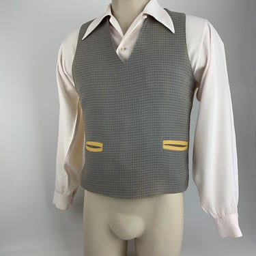 Vintage Vest - Grey with Pale Yellow Check - Knit Back -Tailored Fit - By DISTINCTIVE SPORTSWEAR - Men's Size SMALL to a Tailored Medium 