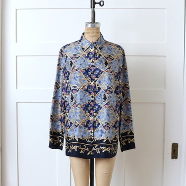 vintage silk scarf blouse • royal & sky blue with gold rococo Versace style print long sleeve silk top 