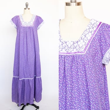 1970s Maxi Tent Dress Floral Hawaiian Cotton L 