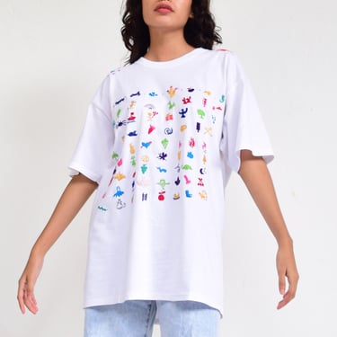 White Embroidered T-shirt. Cotton Tee. Emoji T 