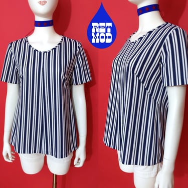 Mod Vintage 60s 70s navy Blue & White Stripe Short Sleeve Top 