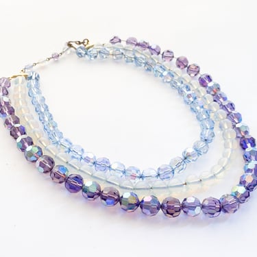 1950s Purple & Blue Glass Necklace | 50s Blue Purple Crystal necklace | 3 Strand Evening Necklace 