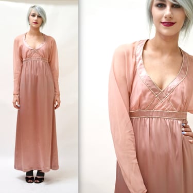 70s 80s Vintage Draped Goddess Gown Pink Silk Small// 80s Vintage Wedding Evening Gown Dress Grecian Bride in Pink Silk with Rhinestones 