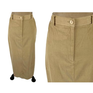 90s Corduroy Skirt Medium, Tan Cotton Maxi Pencil High Waist, Long Skirt with Pockets and Belt Loops, Clothes Women Vintage 1990s SAG HARBOR 