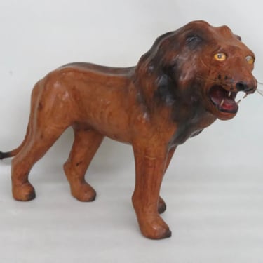 Large Leather Covered Paper Mache Wrapped Lion Sculpture Animal Statue 3239B