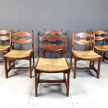 Vintage oak and wicker dining chairs, 1960s - brutalist dining chairs - vintage dining chairs - oak dining chairs 