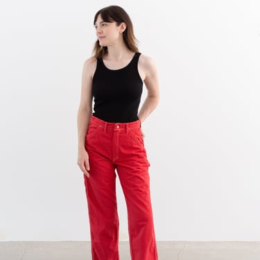 Vintage 25 26 27 28 Waist Watermelon Red Cotton Utility Painter Pants | Unisex Made USA Stonecutter High Rise Trousers | Contrast Stitch | 