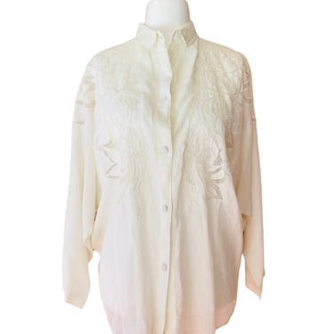 Vintage White Linen Floral Embroidered Blouse