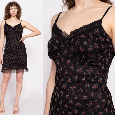 90s Black Floral Mini Babydoll Dress - Medium | Vintage Mesh Lace Trim Slip Dress 