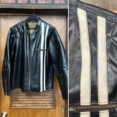 Vintage 1960’s Size XL Black x White Cafe Racer MC Vinyl Vegan Racing Jacket, 60’s Racing Jacket, Vintage Clothing 