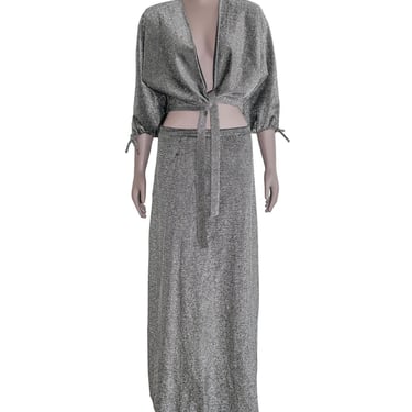 Vintage 70s Boho Metallic Silver New Year Two-Piece Lurex Evening Gown Small Wedding Guest Dress Party Cocktail Formal Evening Skirt Top 