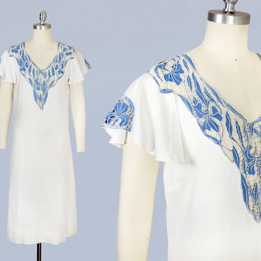 1920s Dress / 20s White Cotton Summer Dress / Iris Flowers / Cutwork / Openwork Yoke / Flutter Sleeves 