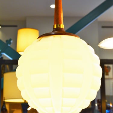 Three Italian Globe Pendant Lights w/ Walnut & Brass