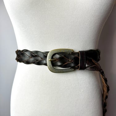 90’s Black leather belt~ chunky Braided thick woven wide silver buckle~boho hippie~ women’s open size/ Large 