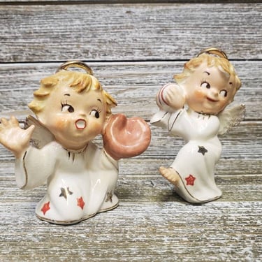 Vintage Ceramic Angel Baseball Players, Gold Gilt Porcelain Pitcher & Catcher Figurines, Mid Century Modern, Xmas Japan, Vintage Christmas 
