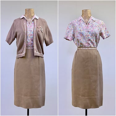 Vintage 1960s 3 Piece Ensemble, Susan Thomas Camel Cardigan, Floral Blouse and Pencil Skirt, Mid Century Preppy Matching Set, Small 