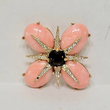 Vintage Ciner Brooch - Rhinestone Topaz and Faux Coral 