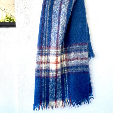 Vintage Mohair Woven Plaid Blanket with Fringe Blue Fuzzy Handwoven Throw 