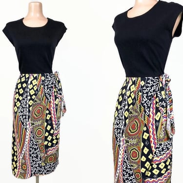 VINTAGE 80s does 50s Tribal Print Rayon Sarong Dress with Knit Bodice 7/8 | 1980s Sexy Tiki Wiggle Pin-Up Dress | vfg 